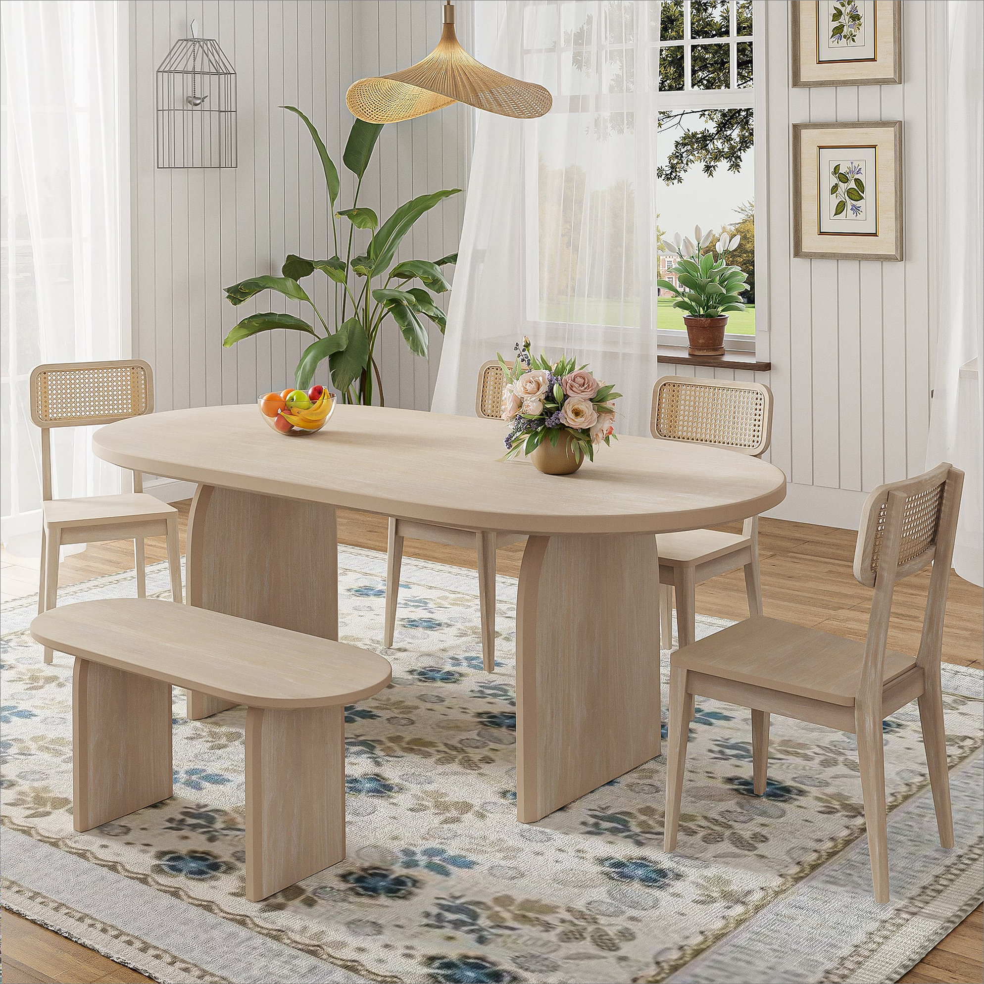 DSUNNER TOPMAX 6 Piece Dining Table Set with Bench,Oval Kitchen Table ...