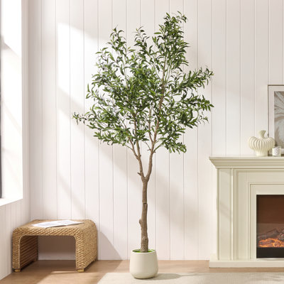 7Ft Artificial Olive Tree In White Pot, Realistic Faux Indoor Plant For Living Room, Entryway & Office Decor