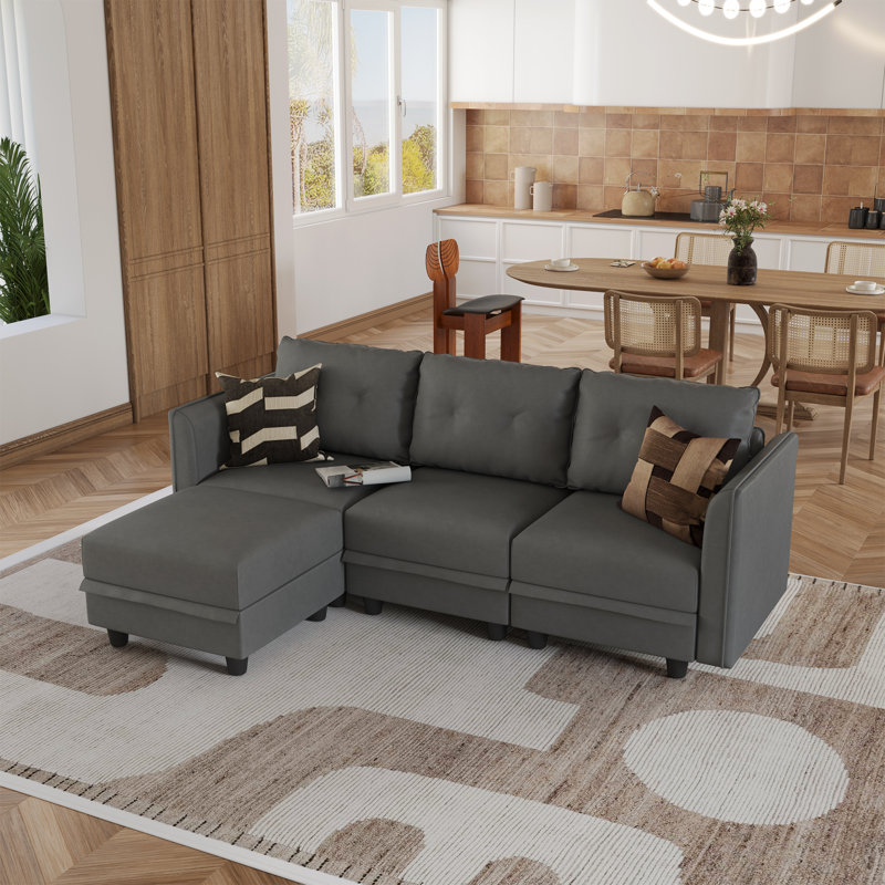 Tomario 4- Piece Upholstered L-Shaped Modular Sectional With Storage, Gray Polyester