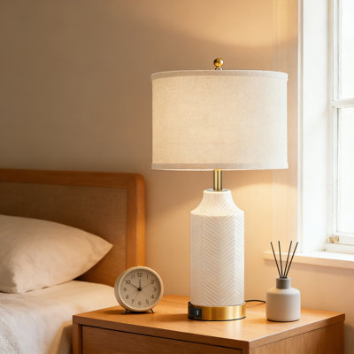 Lampe de table à intensité variable avec ports de charge USB-C et USB-A, lampe de chevet en céramique moderne avec abat-jour en lin pour la chambre à coucher, le salon, la table de chevet et le bureau personnel