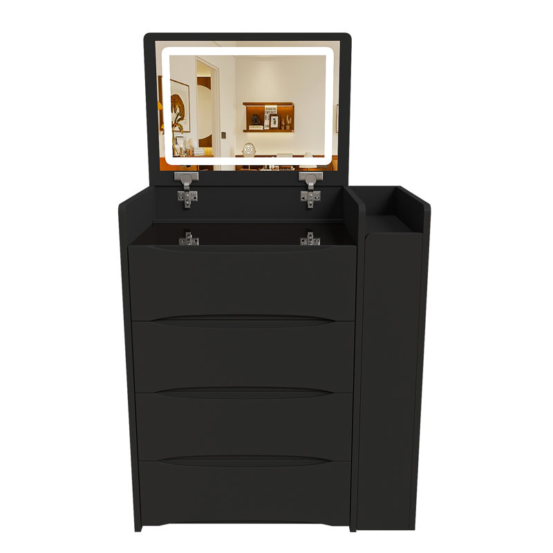 Coiffeuse moderne noire à plateau rabattable avec miroir lumineux, tiroir de rangement, plateau latéral coulissant et tabouret rembourré - Meuble de chambre multifonctionnel