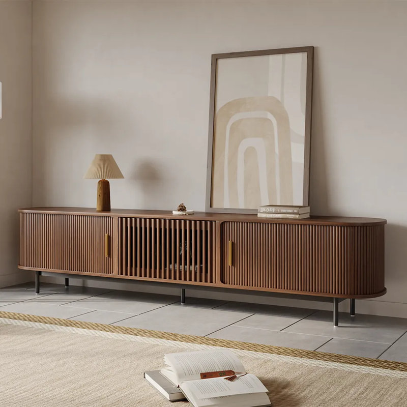 Mid-Century Modern TV Stand, Sliding Door, Fully Assembly, 21.25"H x 94"L x 15.75"W, Brown