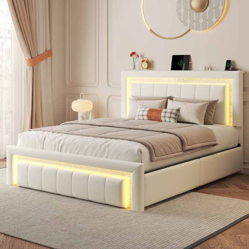 Full Upholstered Platform Bed with Vertical Block Design Headboard, 4 Sliding Storage Drawers，RGB LED Lights & Charging Station, Easy to Assemble, White