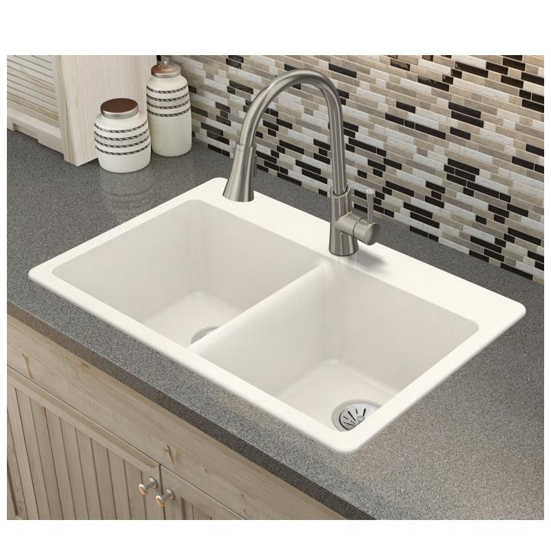 Quartz Luxe 33" L x 22" W Double Basin Drop-in Kitchen Sink, Ricotta