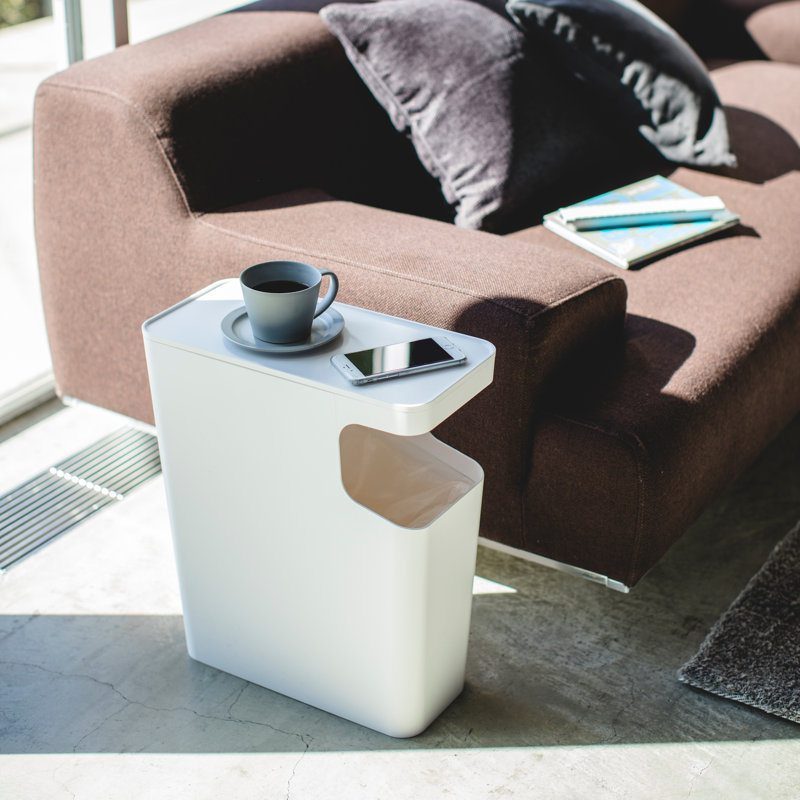 White Plastic Side Table with Built-in Trash Can