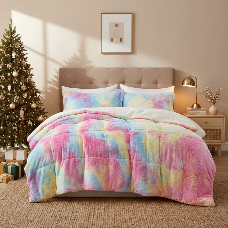 3- Piece Ultra Soft Fluffy Sherpa Down Alternative Comforter Set, King Comforter + 2 King Pillowcases, Colorful
