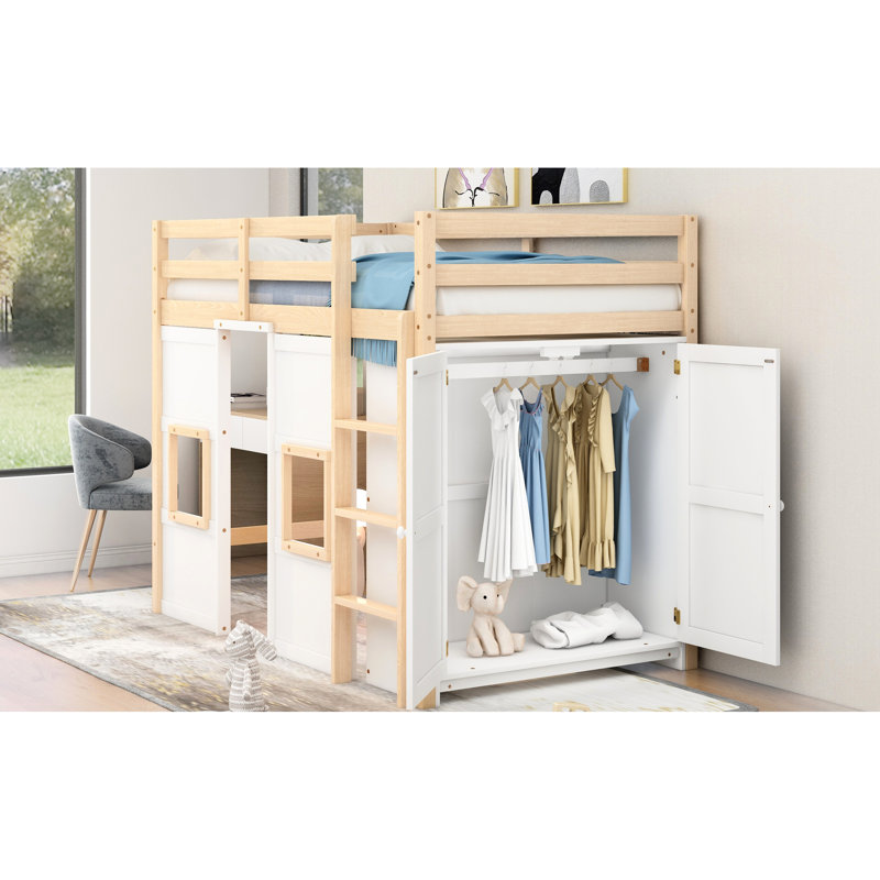 Lit mezzanine simple avec garde-robe de rangement - bois, naturel et blanc, sans sommier intégré et 2 fenêtres, bois naturel / blanc de qualité