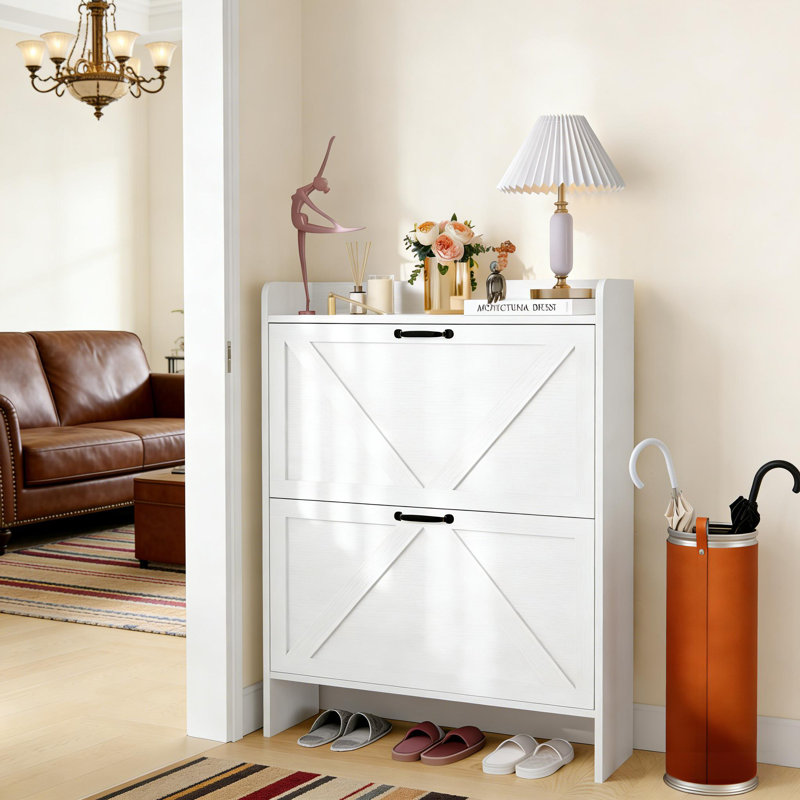 Freestanding Hidden Narrow Shoe Cabinet Organizer with 2 Flip Drawers for Entryway, White Wood
