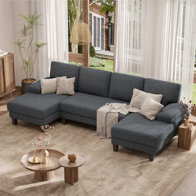 110" U-Shape Sectional Sofa With Armrests, Wood-Seat, Metal Frame & Upholstery, Modern Comfy Design For Living Room Or Family Lounge