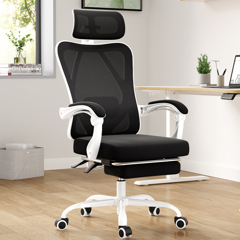 Chaise de bureau en filet avec repose-pieds et repose-tête, Noir / blanc