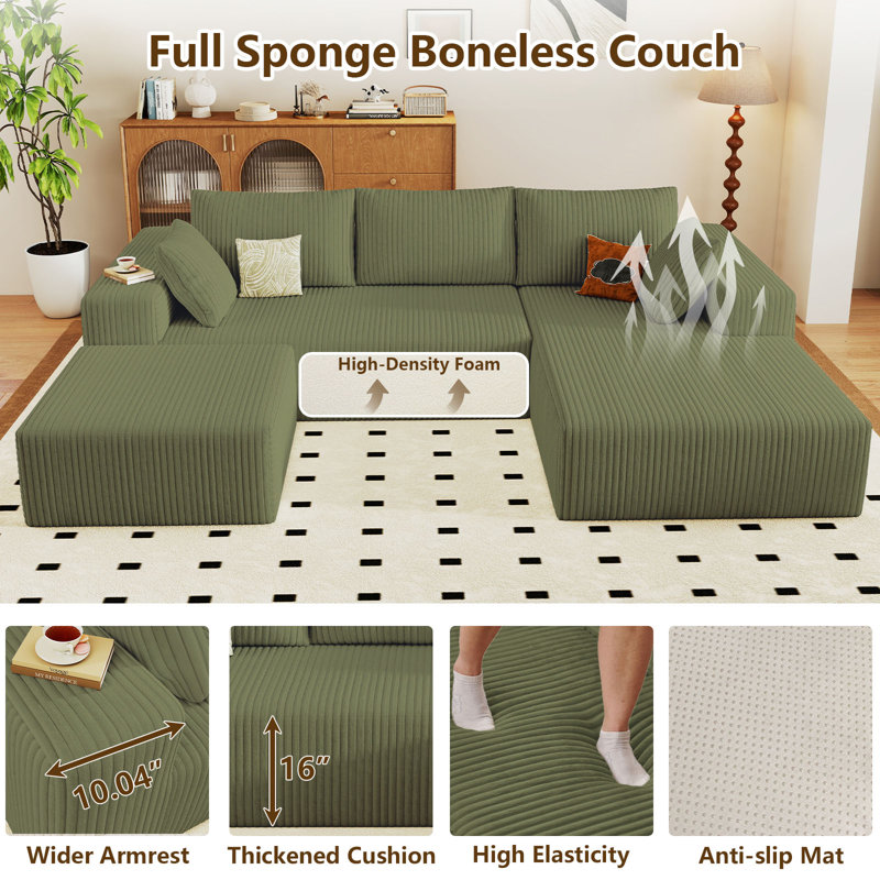 Canapé modulaire Boneless 96 po Cloud Couch, Orienté à droite, Velours côtelé vert