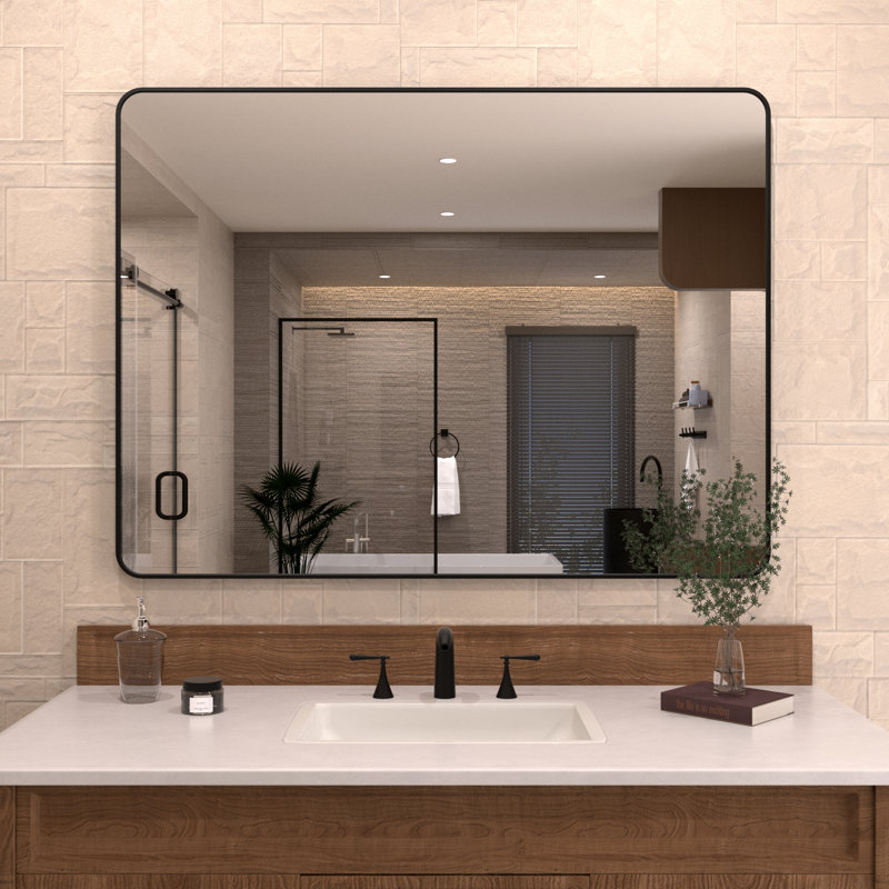 Cozy l 48 po x H 36 po Miroir de salle de bain mural moderne avec cadre noir mat, Noir mat, 36 po x 48 po