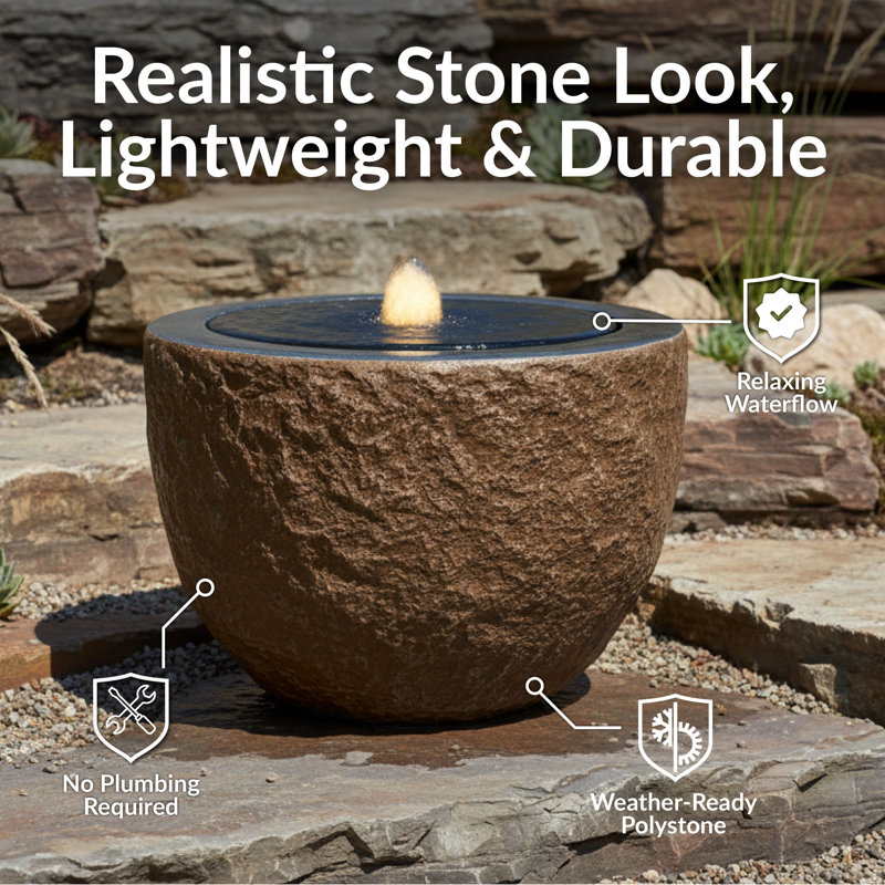 Oval Bowl Polystone LED Outdoor Bubble Fountain - Brown, 12.5" H x 18" W x 18" D, Brown