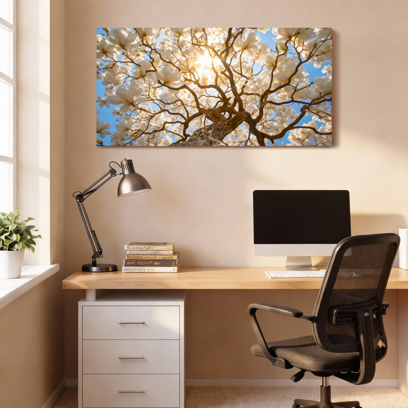 Ensemble de 1 tableau sur toile tendue représentant des fleurs de magnolia au soleil, H 28 po x l 58 po