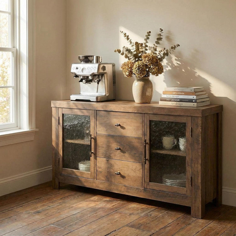 54-inch Buffet Sideboard with 2 Glass Doors & 3 Drawers, Coffee Bar & TV Stand for Living Room, Tan