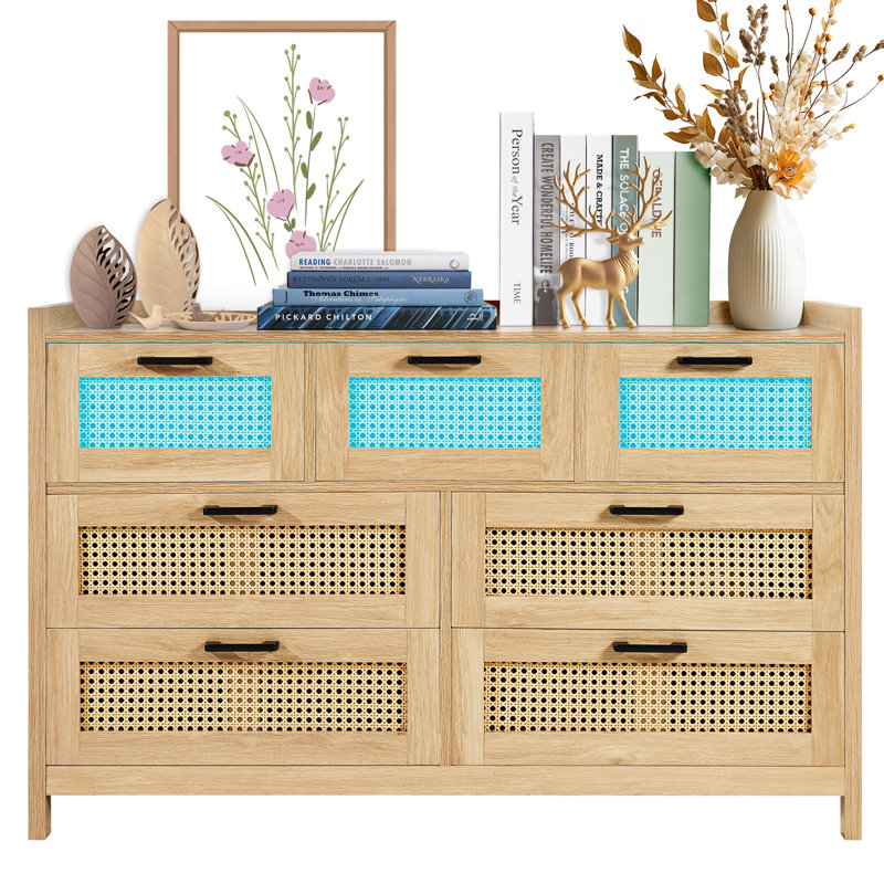 7 Drawer Rattan Dresser, Boho Dresser, Rattan Chest of Drawers with Spacious Storage, Natural Rattan Dresser