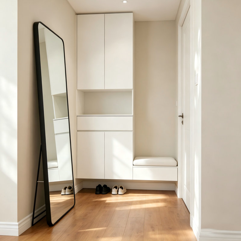 Black-Framed, Rounded-Corner Rectangular Floor Mirror, 56" X 21", Full-Length Design, Suitable For Home Décor.