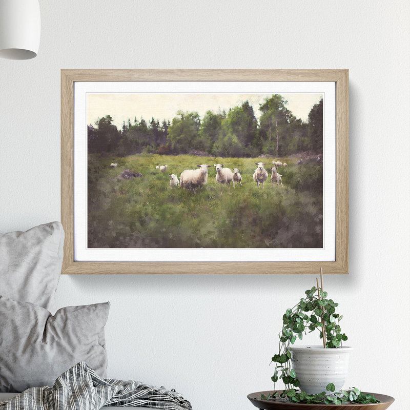 Curious Sheep - Picture Frame Painting, 27cm H x 36cm W x 2cm D, Oak Framed