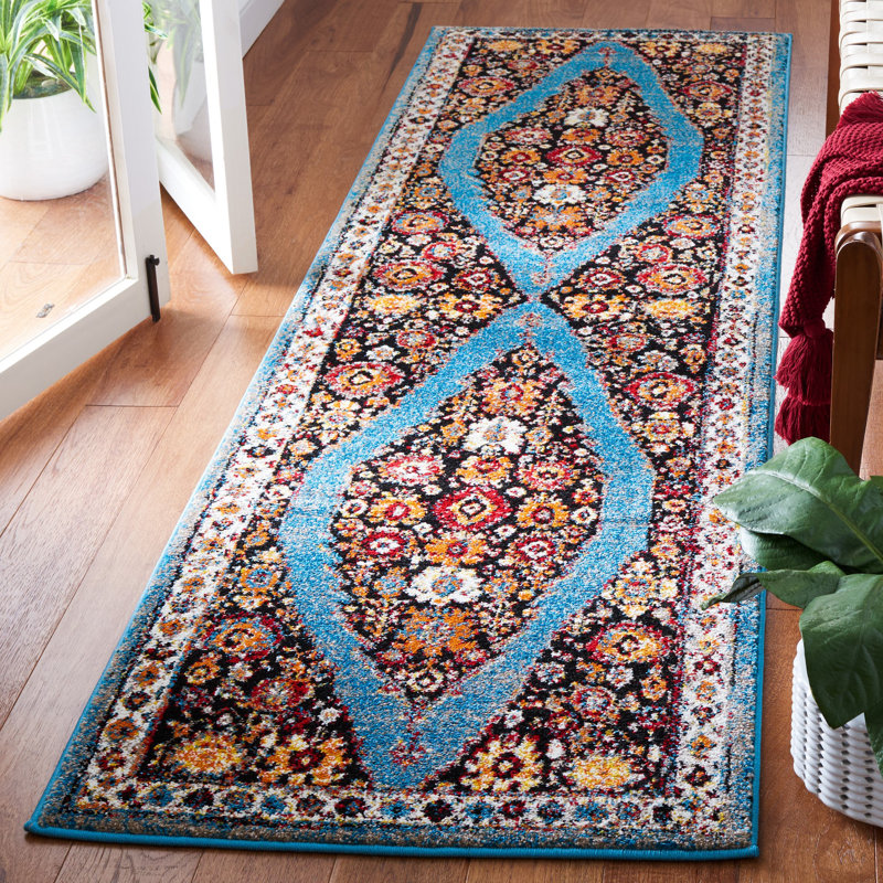 Tapis rétro vintage bleu / noir Hamadan 265, Tapis de couloir 2 pi 3 po x 8 pi