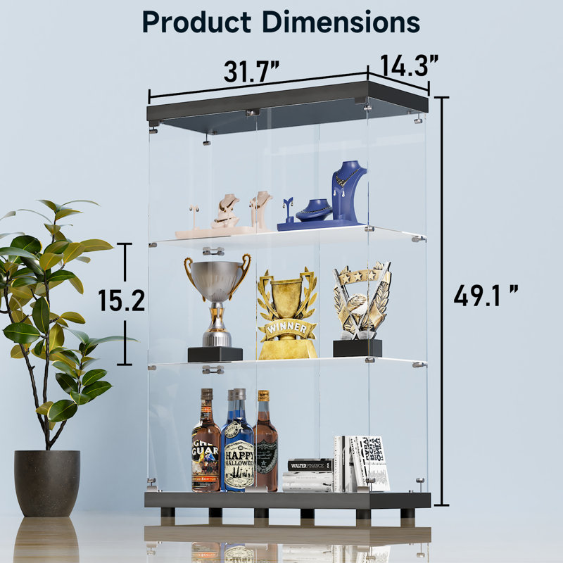 Johnneisha 3-Shelf Glass Display Cabinet, Curio Cabinet, Side By Side Door