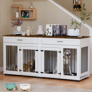 Large Dog Crate Furniture, Wooden Dog Kennel With Room Divider And 2 Tray, Double Doors With Locks