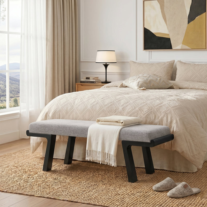 Gabriella Gray Cotton Linen Upholstered Four Leg Rubberwood Bench with Black Frame, Gray/Black