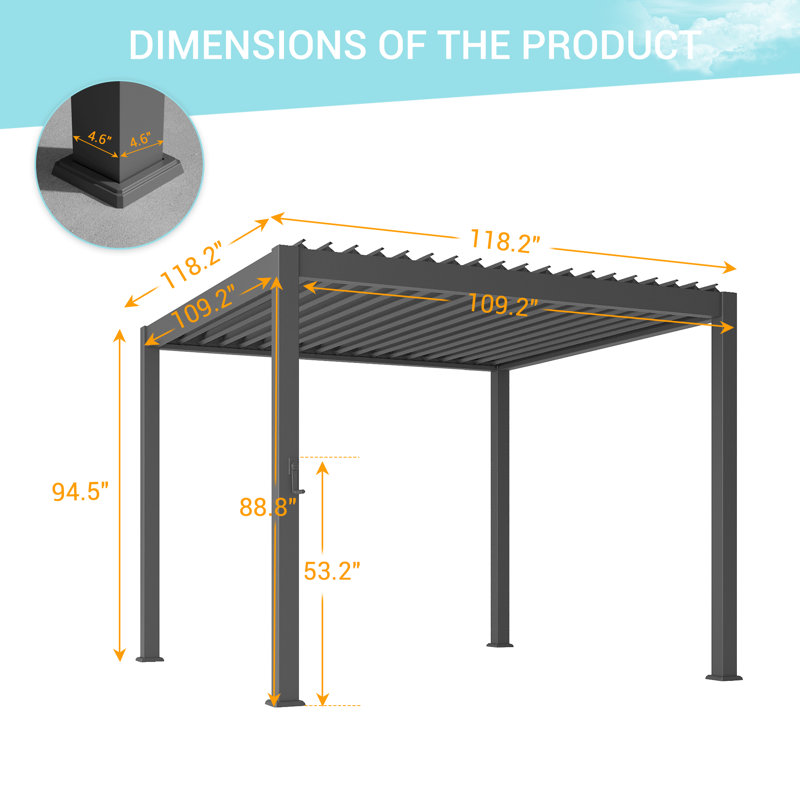Outdoor Aluminum Pergola with Adjustable Louvers and Concealed Water Drainage System, 10 ft x 10 ft, Gray