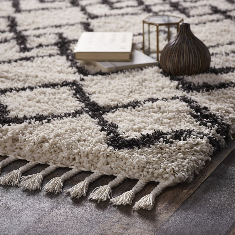 Peugeot Geometric Shaggy Ivory/Charcoal Rug, Rectangle 80 x 150cm