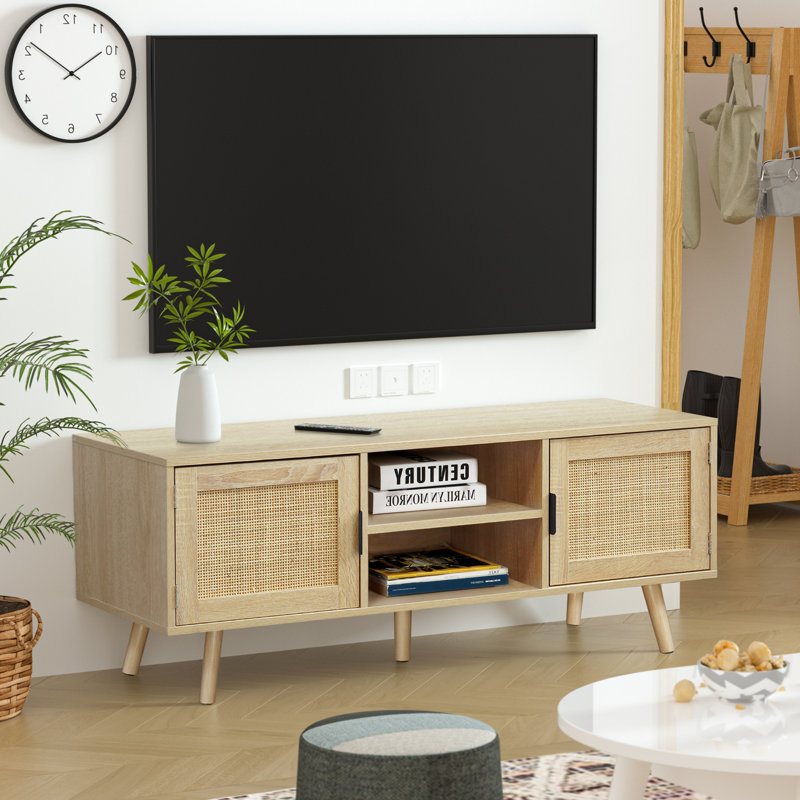 Wood Rattan TV Stand for TVs Up to 65 Inch Media Console with Natural Rattan Doors Herringbone Top Open Shelving and Cable Management for Living Room