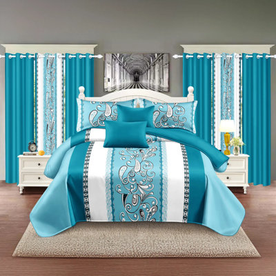 Turquoise Paisley 9-Piece Microfiber Bedding & Sheer Curtain Set, Quilted Spill-Waterproof Bedspread, Light Filtering Grommet Curtains, Machine Washable For Queen King Cal King Residential Bedroom