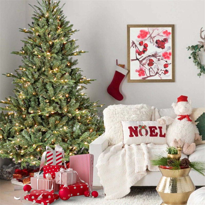 Arbre de Noël 8 pi pleine forme avec 900 lumières UL, branches mixtes en PE / PVC, 2673 pointes, base large, structure à charnières, support en métal stable