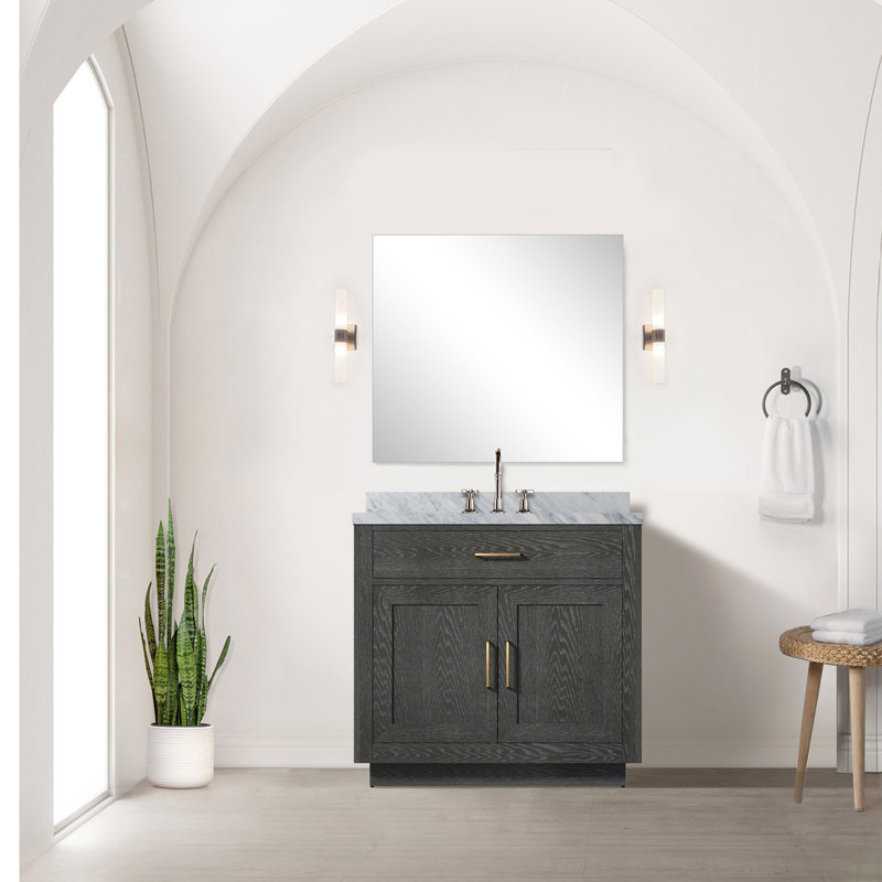 Ensemble de meuble-lavabo simple en chêne noir l 36 po x P 22 po, plateau en marbre de Carrare et robinet