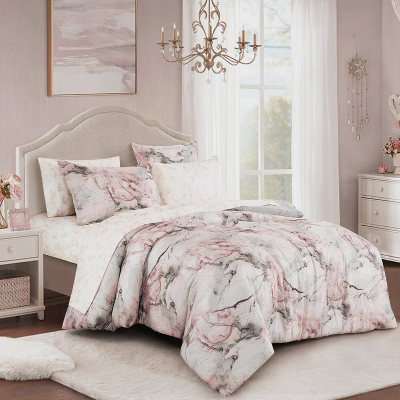 5-Piece Luxurious Printed Microfiber Bedding Set - Complete Comforter Ensemble with Marble Design