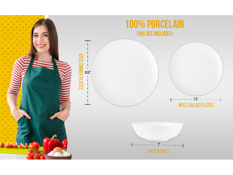 Kinzee Porcelain China Dinnerware Set 12 Piece - Service for 4