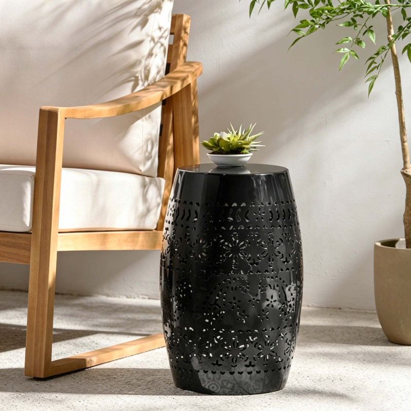 Black Lace Cut Iron Barrel-Shaped Accent Side Table, Indoor/Outdoor Use, No Assembly Required, Decorative Metal End Table For Garden, Patio, Living Room, Backyard