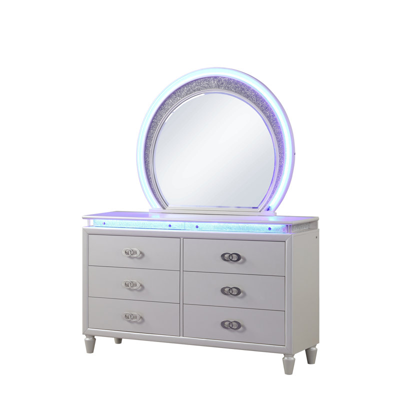 Commode 6 tiroirs à DEL en bois blanc laiteux (les miroirs ne sont pas inclus)