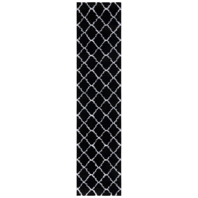 Tapis noir et blanc à motif géométrique, Tapis de couloir 2 pi x 9 pi