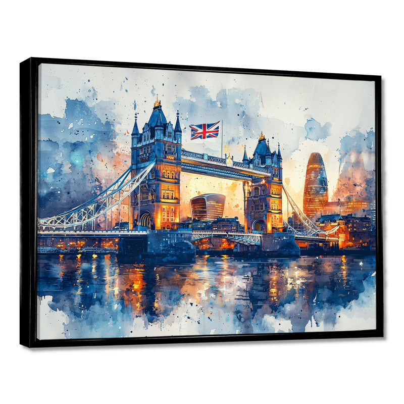 «Moonlight on Tower Bridge Lights In London II - England», art mural, H 30 po x l 40 po, Noir, Impression encadrée flottante
