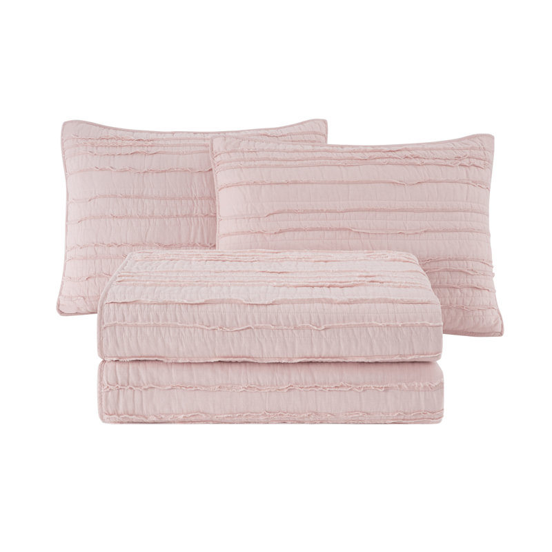 Pre-Washed Solid Cotton Soft-Finished Ruffled Quilt Set, Queen Quilt + 2 Standard Shams, Blush
