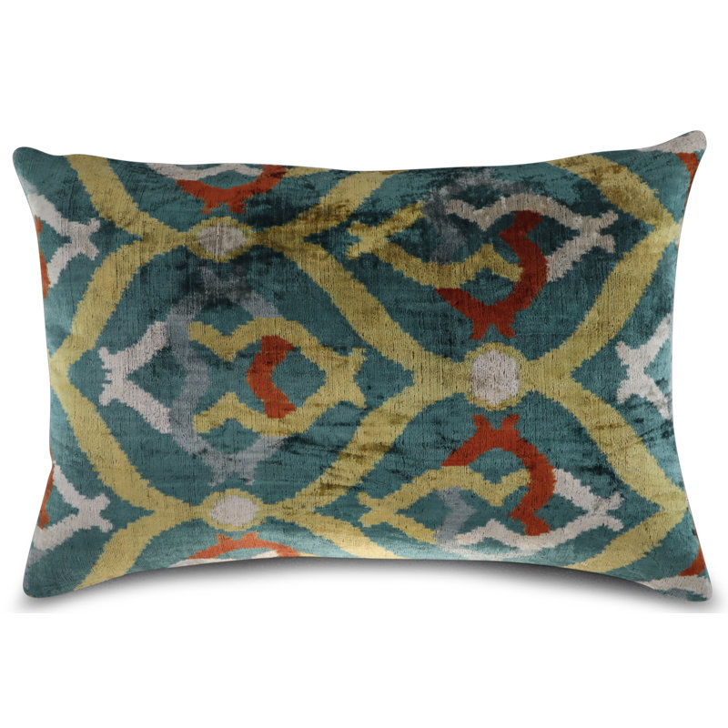 Velvet Lumbar Pillow Cover & Insert, Green/Yellow/Orange Geometric 1