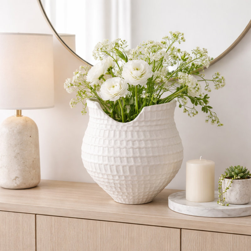 Sagebrook Home 16" Callan Large 3D Printed Porcelain Vase, Ivory, 16" H x 16" W x 16" D