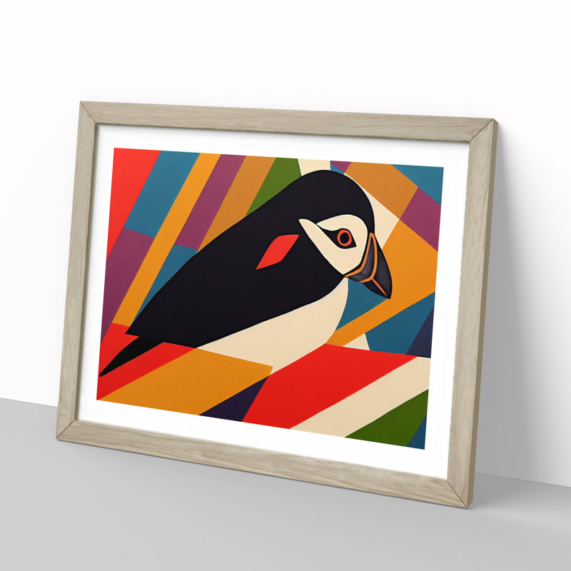 Puffin Bird Abstract Vol.2 - Single Picture Frame Print, 25cm H x 34cm W x 2cm D, Oak Framed