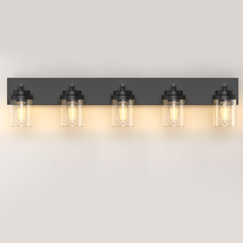 36 Inch 5-Light Bathroom Vanity Light, Matte Black Rustic Fixture Over Mirror With Clear Glass Shade, Clear, Matte Black, 5