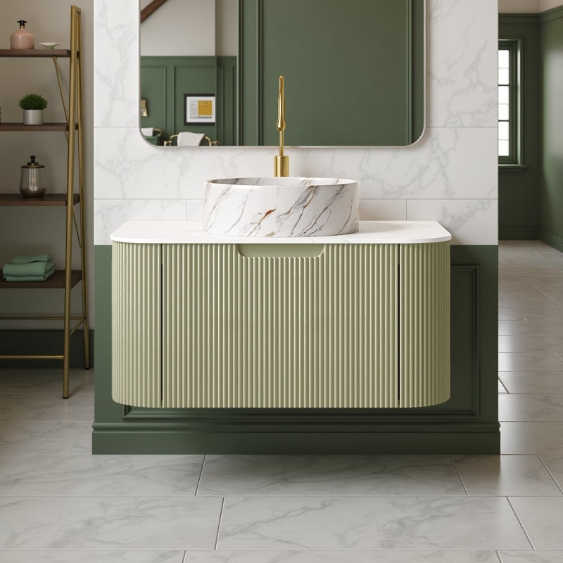 Floating Bathroom Vanity - White Ceramic Bowl Sink & Stone Countertop (Pre-Assembled, No Faucet), Green, 30"