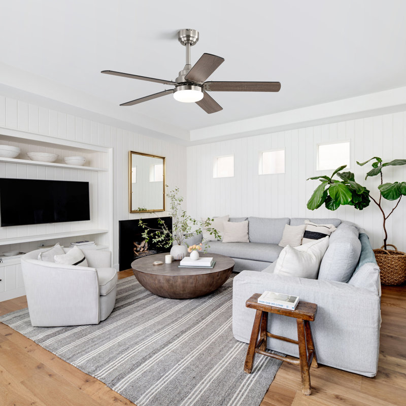 Derick 5-Blade Modern Ceiling Fan with LED Light and Remote Control, Sand Nickel, 42"