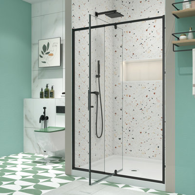 Porte de douche pivotante en verre pivotant de 38 à 42 po x 71 po, finition noir mat, verre trempé de 1/4 po, installation réversible, fermeture magnétique, porte à fuites exceptionnelles de 71 po, noire, universelle à gauche à droite,