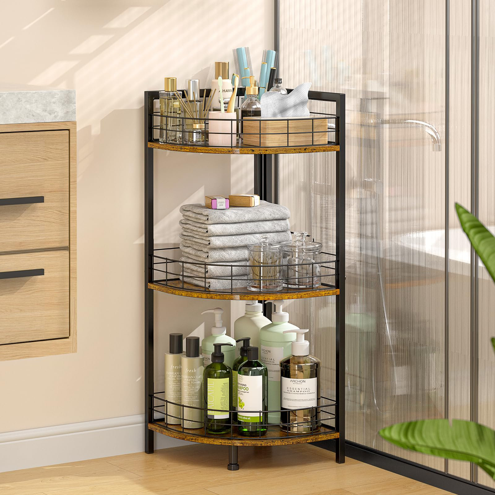 17 Stories 3-Tier Black Curved Corner Bathroom Shelf Stand - Sturdy ...