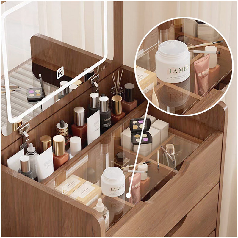 (48cm) (noyer) Bureau de coiffeuse 3 en 1 avec miroir Plip, petit ensemble de coiffeuse avec bureau en verre visible, coiffeuse compacte à maquillage avec 3 tiroirs