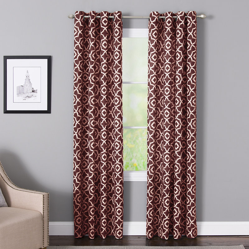 Panneau de rideau en polyester / lin à motif géométrique filtrant la lumière avec œillets Ralon, Brique / crème