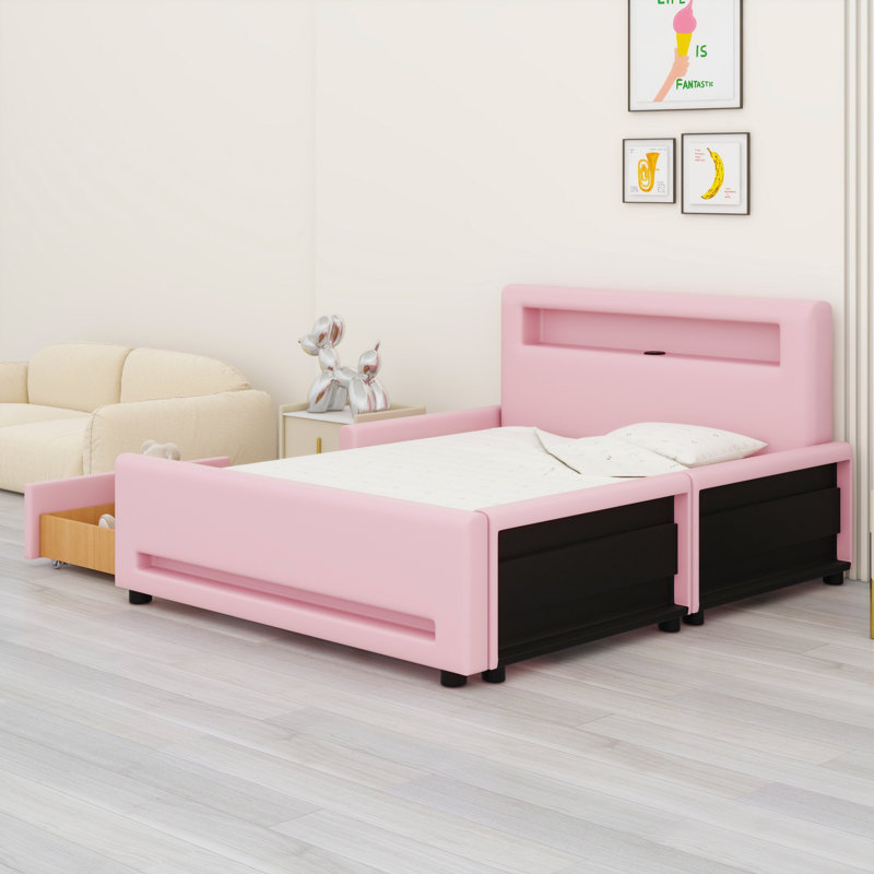 Lit plateforme moelleux avec tiroir de rangement, lumière DEL et port de charge USB, Rose